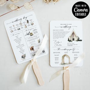 Infographic bruiloftsprogramma fansjabloon, bewerkbare ceremonietijdlijn afdrukbare fankaarten voor koppels gasten op trouwdag, canva downloaden