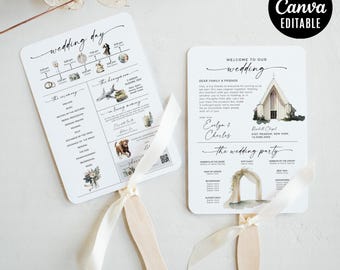 May include: Two white wedding fan programs with wooden handles and cream-colored ribbons. One fan displays a timeline with illustrations, the other says "Welcome to our wedding". The Canva editable design includes the text "wedding day".
