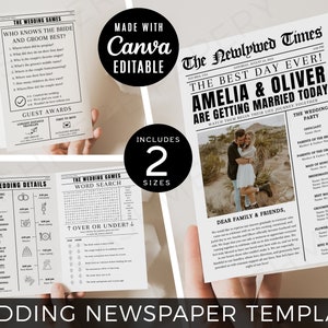 May include: A printable wedding newspaper template with a black and white design. The template includes a wedding announcement, wedding details, wedding games, and a space for a photo of the couple. The text on the template reads "The Newlywed Times" and "The Best Day Ever! Amelia & Oliver Are Getting Married Today".