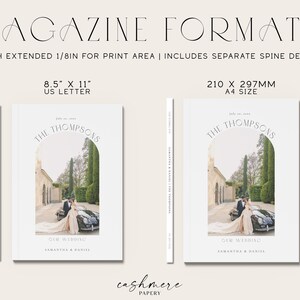 Pu&ograve; includere: Un mockup di una copertina di rivista di matrimonio con sfondo bianco e una foto di una coppia davanti a un edificio. Il testo sulla copertina recita "The Thompsons" e "Our Wedding". La rivista &egrave; disponibile in due formati: 8,5 x 11 pollici (US Letter) e 210 x 297 mm (A4).