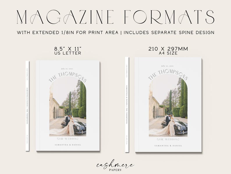 Pu&ograve; includere: Un mockup di una copertina di rivista di matrimonio con sfondo bianco e una foto di una coppia davanti a un edificio. Il testo sulla copertina recita "The Thompsons" e "Our Wedding". La rivista &egrave; disponibile in due formati: 8,5 x 11 pollici (US Letter) e 210 x 297 mm (A4).