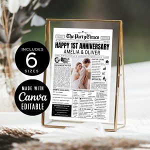 Newspaper Template For Wedding Anniversary, 1st Wedding Anniversary Newspaper, Couples First Year, Gift Ideas for Husband and Wife, CANVA