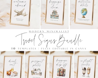 Travel Theme Sign Bundle, 10 Signs Fully Editable Templates Set for Travel Themed Shower or Wedding, Minimalist Signage Printables Canva