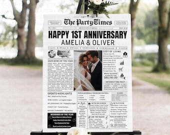 Anniversary Newspaper Template, Paper Anniversary Gift Ideas, 1 Year Anniversary Couple News Paper, Gifts for Him and Her, Printable Canva
