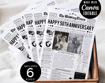 50th Wedding Anniversary Newspaper with Editable Photos Canva, Married in 1973 Golden Anniversary Personalized Gift for Parents Canva DIY