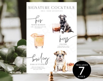 Wedding Bar Menu Dogs, Custom Lab Dogs and Cocktail Elements Wedding Signature Pet Drink Templates Signage, Dog Pictures for Wedding Drinks