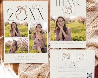 Graduation Invitation Bundle Canva, Class of 2026 Grad Announcement Bundle, College Fund QR Thank You Cards Editable Templates with Photos