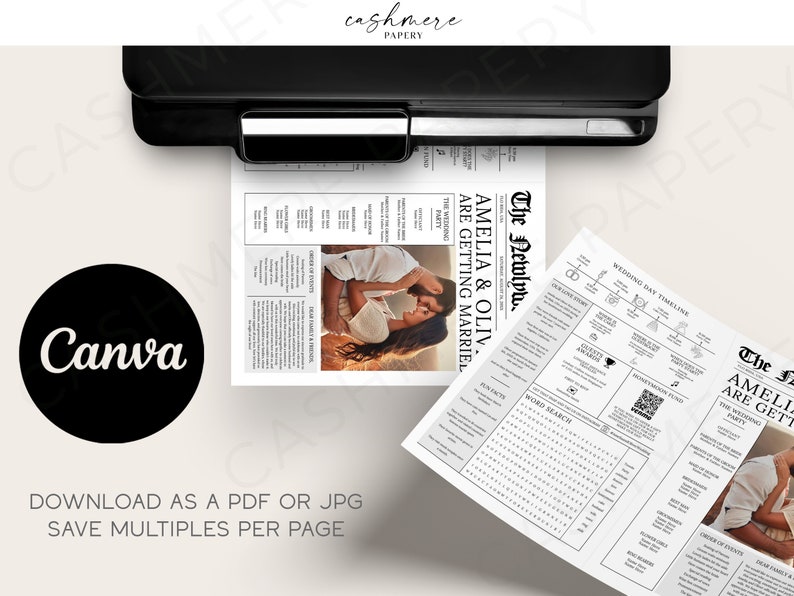 K&ouml;nnte beinhalten: Eine schwarz-wei&szlig;e druckbare Hochzeitsank&uuml;ndigungsvorlage im Zeitungsdesign. Der Text lautet "The Newlywed. Amelia & Olivia Are Getting Married." Die Vorlage enth&auml;lt einen Zeitplan f&uuml;r den Hochzeitstag, ein Wortsuchspiel und einen QR-Code.