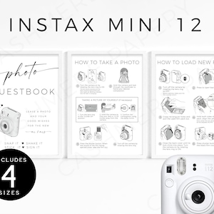 Instax Mini 12 Photo Guestbook Sign and Polaroid Camera Instructions Signs, Wedding Reception Editable Template Printable, Templett Download