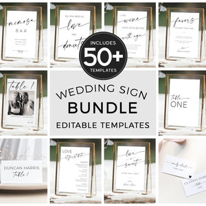 50+ Editable Wedding Reception Signs and Table Place Cards Bundle, Minimalist Sign and Seating Number Chart Templates, Templett DIY Download