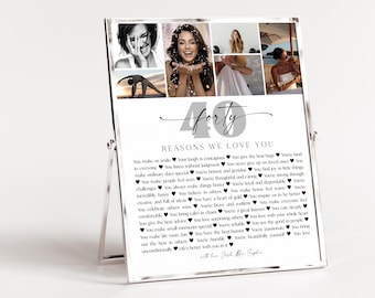 40th Birthday Sign Picture, 40 Reasons We Love You Printable Gift, 40th Birthday Gift for Women, 40th Birthday Poster, 40th Anniversary Gift