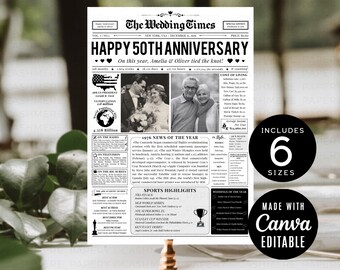 Periódico de regalo para el 50.º aniversario, bodas de oro de 1976, póster decorativo, plantillas personalizadas de aniversario de Canva.