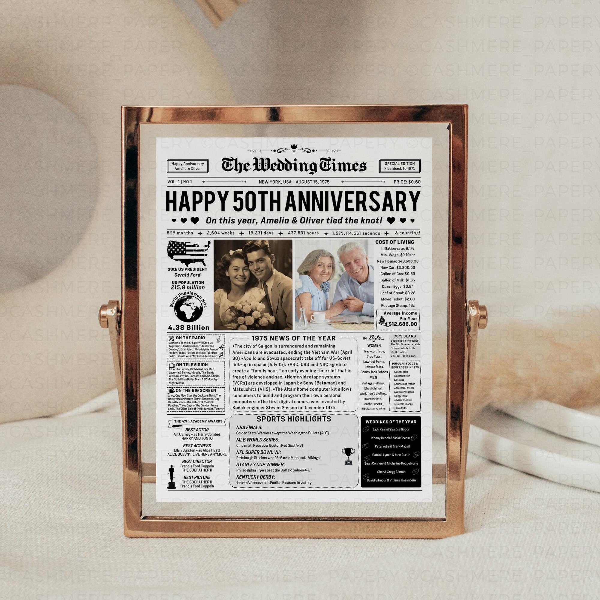 50th Wedding Anniversary Gift for Parents, Back in 1975 The Wedding Times Newspaper Poster Sign Editable Template CANVA Download Printable