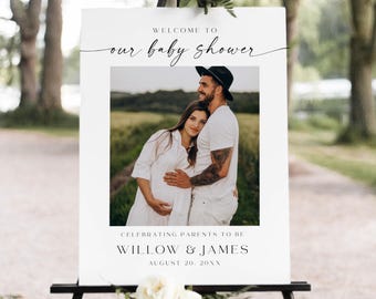 Couple Baby Shower Welcome Sign With Picture, Editable Canva Template, Modern Boho Baby Shower Poster, Gender Neutral Printable Decor
