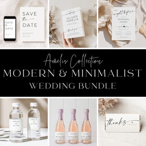 Pode incluir: Um conjunto de papelaria de casamento com um design moderno e minimalista. O conjunto inclui um cart&atilde;o de guardar a data, um convite de casamento, um convite para o jantar de ensaio e um cart&atilde;o de agradecimento. Os cart&otilde;es s&atilde;o todos brancos com texto em caligrafia preta. O conjunto tamb&eacute;m inclui etiquetas para garrafas de &aacute;gua, etiquetas para mini garrafas de champanhe e um cart&atilde;o de agradecimento.