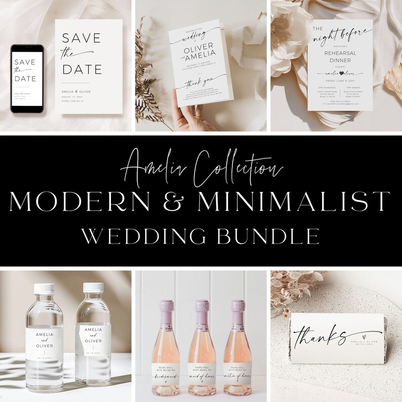 Pode incluir: Um conjunto de papelaria de casamento com um design moderno e minimalista. O conjunto inclui um cart&atilde;o de guardar a data, um convite de casamento, um convite para o jantar de ensaio e um cart&atilde;o de agradecimento. Os cart&otilde;es s&atilde;o todos brancos com texto em caligrafia preta. O conjunto tamb&eacute;m inclui etiquetas para garrafas de &aacute;gua, etiquetas para mini garrafas de champanhe e um cart&atilde;o de agradecimento.