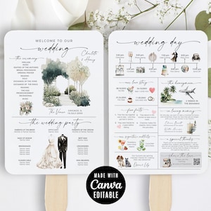 Plantilla de abanico para programa de boda, infografía para programa de ceremonia, cronograma editable, tarjetas imprimibles para recuerdos de invitados el día de la boda, Canva