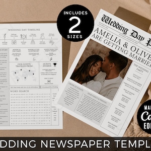 Newspaper Wedding Program Print | Canva Editable Ceremony Infographic Printable, A4 and Letter Size Front and Back Side Templates