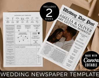 Newspaper Wedding Program Print | Canva Editable Ceremony Infographic Printable, A4 and Letter Size Front and Back Side Templates