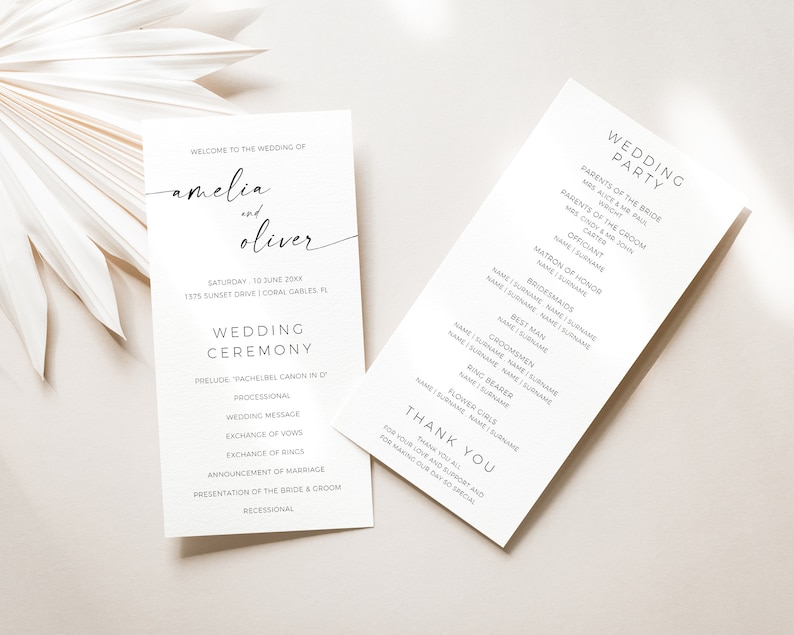 May include: Wedding ceremony program with the names Amelia and Oliver, the date Saturday, 15 June 20XX, and the location 1375 Sunset Drive, Coral Gables, FL. The program lists the order of events for the ceremony, including the prelude, processional, wedding message, exchange of vows, exchange of rings, announcement of marriage, presentation of the bride and groom, and recessional. A second card lists the wedding party, including the parents of the bride and groom, the officiant, matron of honor, bridesmaids, best man, groomsmen, ring bearer, and flower girls.