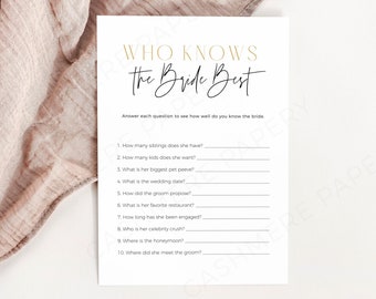 How Well Do You Know the Bride Editable, Minimalist Know the Bride Quiz Game Template, Bridal Shower Party Games Printable Canva Download