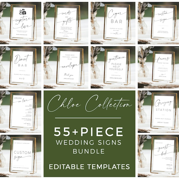 Wedding Sign Bundles Elegant Minimalist | Wedding Sign Package, 55+ | Modern Wedding Reception Bundle | Editable Wedding Sign Template Set