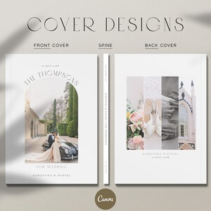 Pu&ograve; includere: Un design di copertina di album fotografico di matrimonio con sfondo bianco e una foto della sposa e dello sposo nell'arco. Il testo "The Thompsons" &egrave; in cima alla copertina, e il testo "Our Wedding" &egrave; in fondo alla copertina. Il testo "Samantha & Daniel" &egrave; al centro della copertina.