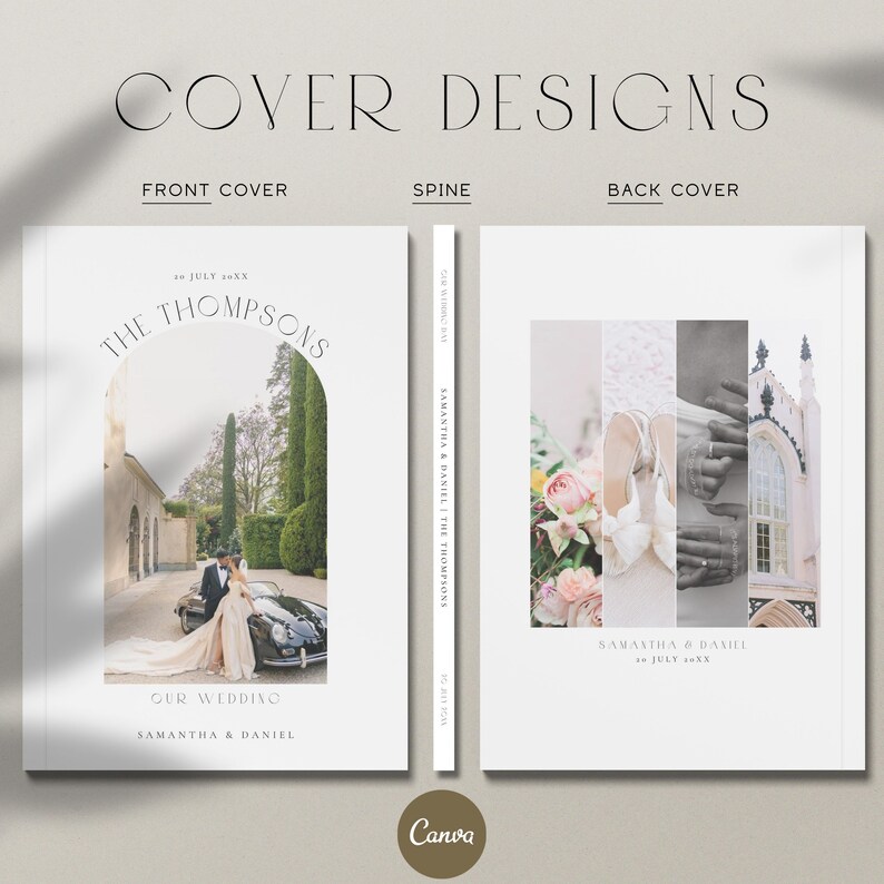 Pu&ograve; includere: Un design di copertina di album fotografico di matrimonio con sfondo bianco e una foto della sposa e dello sposo nell'arco. Il testo "The Thompsons" &egrave; in cima alla copertina, e il testo "Our Wedding" &egrave; in fondo alla copertina. Il testo "Samantha & Daniel" &egrave; al centro della copertina.