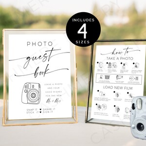 Instax Mini 11 Photo Guestbook Sign and Camera Instructions Signs | How to Load New Film, How to Take Photo Sign Wedding | Templett Editable