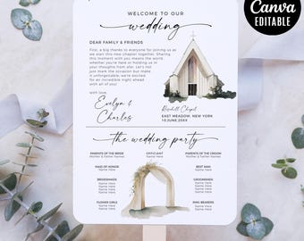 Infographic Wedding Program Fan, Wedding Itinerary Fan Template, Editable Ceremony Timeline, Watercolor Illustrated Wedding Day Program