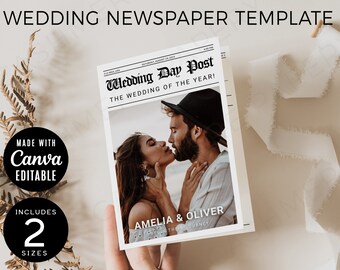 Wedding Newspaper Canva Template, Editable Infographic Wedding Program, Printable Magazine with Photo, Fun Wedding News Templates