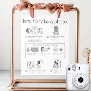 How To Take A Photo Weddin Sign Template, Editable Instax Mini 12 Guest Book Polaroid Instructions, Modern Camera Guestbook Signs, Templett