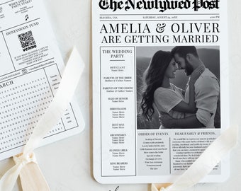 Newspaper Wedding Program Fan, Wedding Newspaper Fan, Canva Editable Ceremony Timeline with Photo, Printable Wedding Infographic, Prtinable