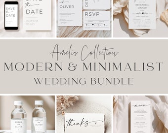 Hand Drawn Wedding Invitation Bundle, Modern Calligraphy Wedding Stationery Collection Minimaist Templates, Invite Set, Table Signs Templett