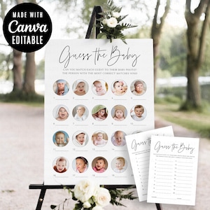 Guess the Baby Photos, Who's That Baby Photo Sign and Card Minimalist Templates, Fun Baby Shower Game Printable Guests Baby Photo Quiz Canva