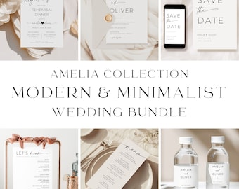 Könnte beinhalten: Ein Hochzeits-Stationary-Paket mit modernem und minimalistischem Design. Das Paket beinhaltet eine Save-the-Date-Karte, eine Einladung zum Probeessen, eine Hochzeitseinladung, eine Speisekarte, eine Getränkekarte und Wasserflaschenetiketten. Die Karten sind alle weiß mit schwarzem Kalligraphie-Text. Die Wasserflaschenetiketten sind weiß mit schwarzem Text und zeigen die Namen Amelia und Oliver.