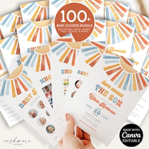Here Comes the Son Baby Shower Mega Bundle Templates, Editable 100+ Invites Games Signs Tickets Cards Sun Theme Shower DIY Downloads Canva