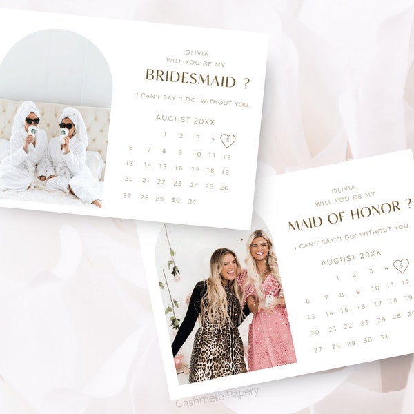 Will You Be My Bridesmaid Card with Date | Photo Bridesmaid Proposal Card Template | Bridesmaid Calendar Cards In Robes Editable Printable