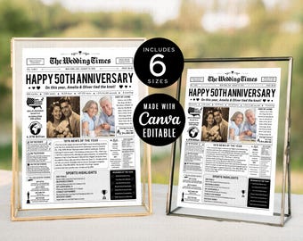 Plantilla de periódico para el 50.º aniversario de bodas, regalo para el año dorado del aniversario de bodas, descarga instantánea del periódico para el 25.º aniversario (CANVA)