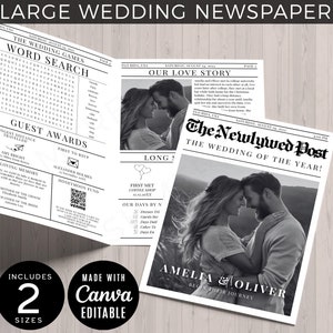 以下が含まれることがあります： 新聞形式の白黒の結婚発表。見出しは「The Newlywed Post: The Wedding of the Year!」で、その下にカップルであるアメリアとオリバーの名前が書かれている。発表には、カップルの白黒写真が含まれている。