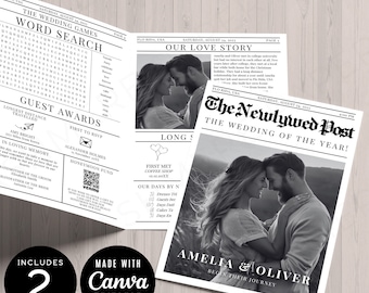 Folded Newspaper Wedding Program with Large Picture | Canva Editable Wedding Infographic Timeline Template with Crossword Wedding Game