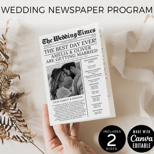 Peut inclure: Un modèle de programme de mariage en noir et blanc conçu pour ressembler à un journal d'époque. Le titre principal est "Le plus beau jour de notre vie ! Amelia & Oliver se marient". Le modèle comprend un espace pour les noms des membres de la fête de mariage et un message à la famille et aux amis.