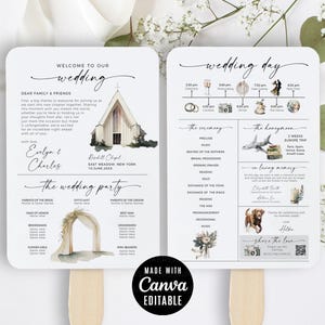 Abanicos con itinerario de boda, plantilla infográfica editable para programa de ceremonia, tarjeta imprimible para el día de la boda, descarga digital en Canva.