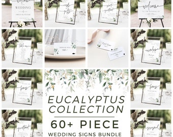 60+ Modern Reception Signs Bundle, Eucalyptus Welcome to our Wedding Sign, Custom Greenery Table Signage Templates, Templett Download SPM09