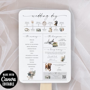 Peut inclure: Éventail blanc pour le jour du mariage avec un calendrier, des détails de la cérémonie et des informations sur la lune de miel. L'éventail comprend des illustrations de flûtes à champagne, d'alliances, d'un appareil photo, d'un gâteau et d'un couple dansant. Le texte "MADE WITH CANVA EDITABLE" est également visible.