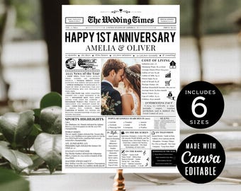 First Anniversary Couples Newspaper, Editable 1st Wedding Anniversary Infographic, Modern Wedding Sign, Minimalist DIY Printables Canva