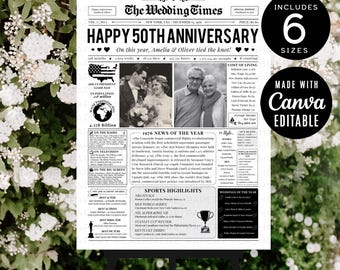Periódico de regalo para el 50.º aniversario, plantilla de Canva para letrero editable del 50.º aniversario de pareja, póster sensacionalista imprimible, descarga digital de regalo.