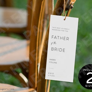 Reserved Tag for Wedding Chairs, Wedding Reserved Seat Sign Template, Father Mother of the Bride Chair Tag Signs, Reserved for Family Signs