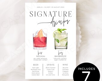 Modern Bar Menu His and Hers Signature Drinks, Wedding Open Bar Menu Sign Template, Editable Cocktails Garnish, Templett DIY Download SPM09