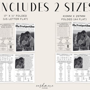 K&ouml;nnte beinhalten: Zwei schwarz-wei&szlig;e Hochzeitsprogramme im Zeitungs-Stil, eines gefaltet auf 17 Zoll mal 11 Zoll und das andere gefaltet auf 410 mm mal 297 mm. Die Programme beinhalten ein Wortsuchspiel, G&auml;ste-Auszeichnungen, Hochzeitsdetails und eine Liebesgeschichte. Die Programme sind mit "The Newlywed Post" betitelt und zeigen ein Foto eines Paares.